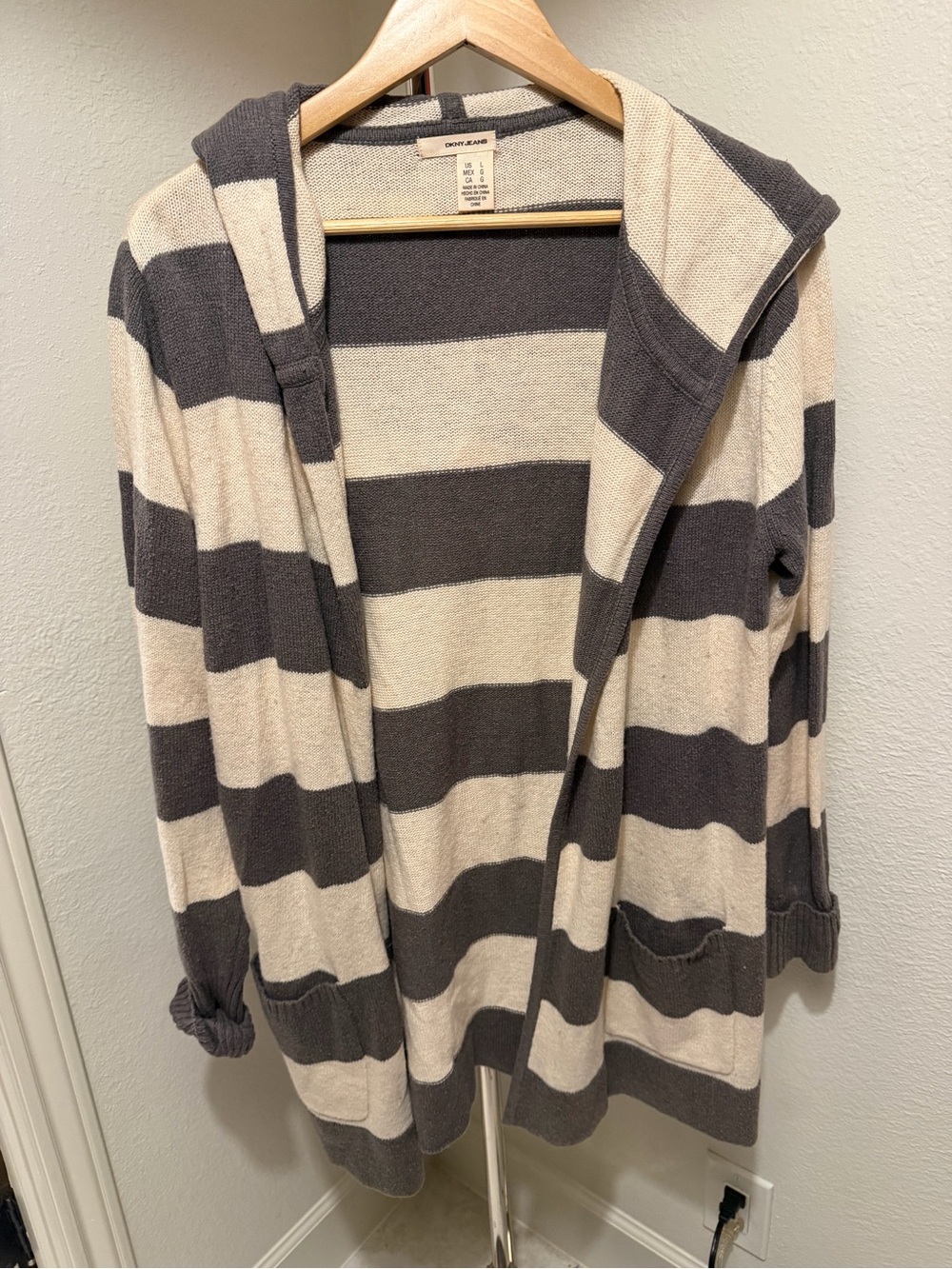 DKNY Hooded Striped Open Front Cardigan - Gray & Cream